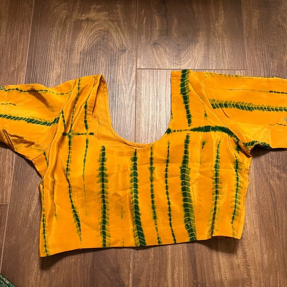 Mustard Yellow Shibori Tie Dye Saree Orange Green Chiffon Indian Sari - Picture 12 of 15